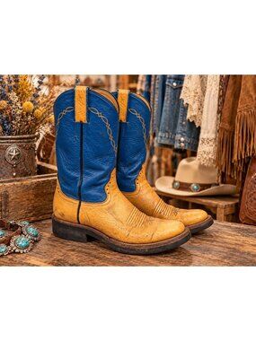 Vintage Honcho Mens 11 D Western Exotic Blue Brown Embroidered Leather Boots